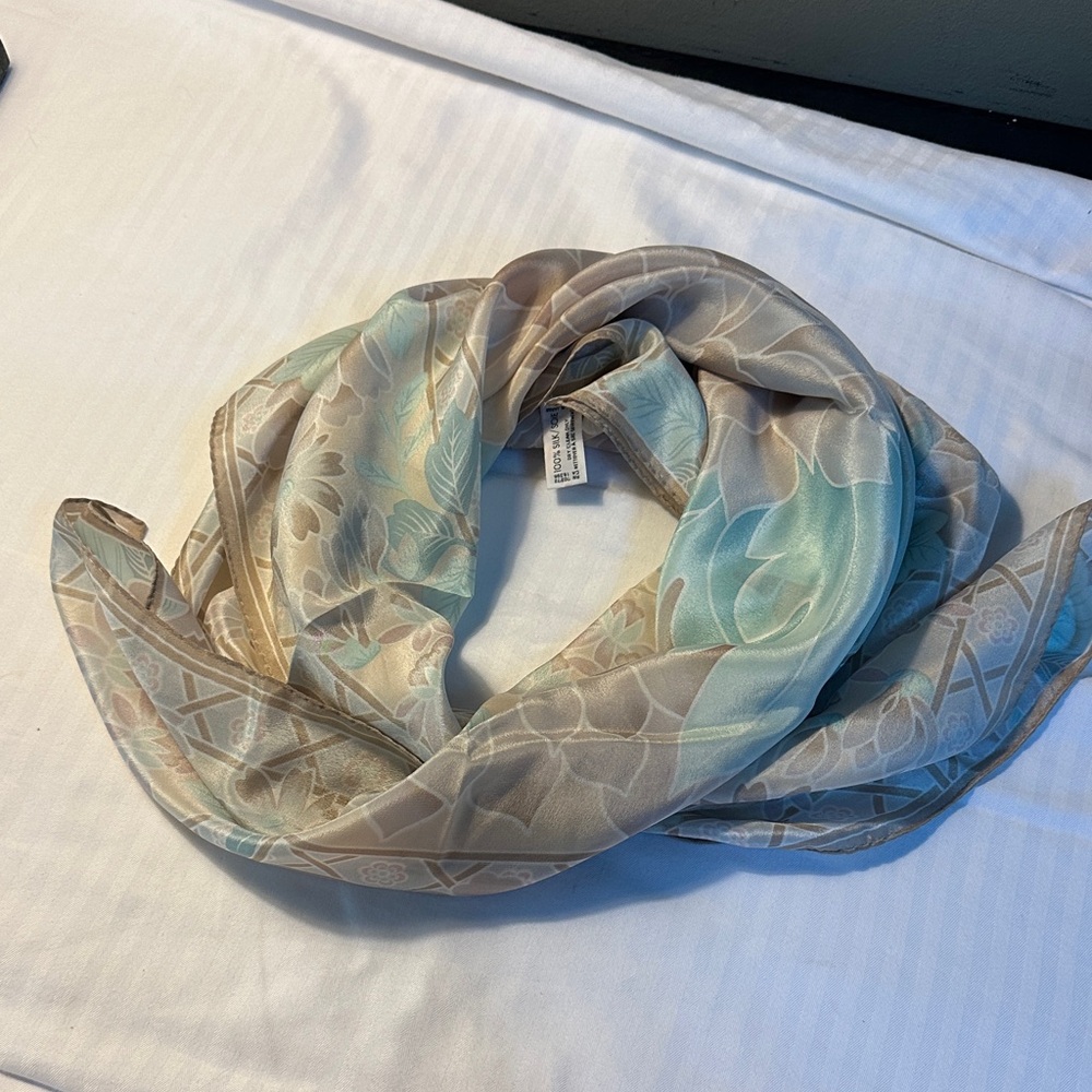 Liz Claiborne 100% Silk Floral Scarf in Taupe and Aqua made in Japan 🇯🇵